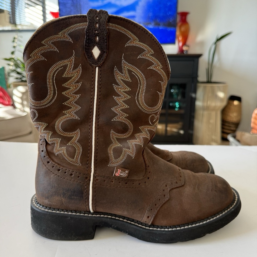 Justin Gypsy Brown Leather Square Toe Boots Cowgirl Western Women's Size 10B - Picture 6 of 15